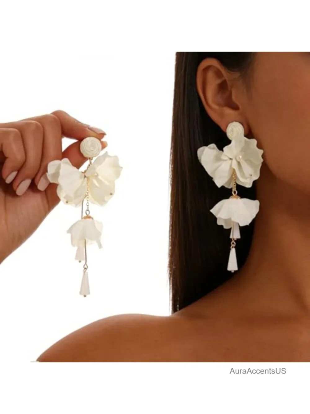 Chiffon Fabric Dangle Tassel Floral Drop Earrings For Women Bohemian Wedding